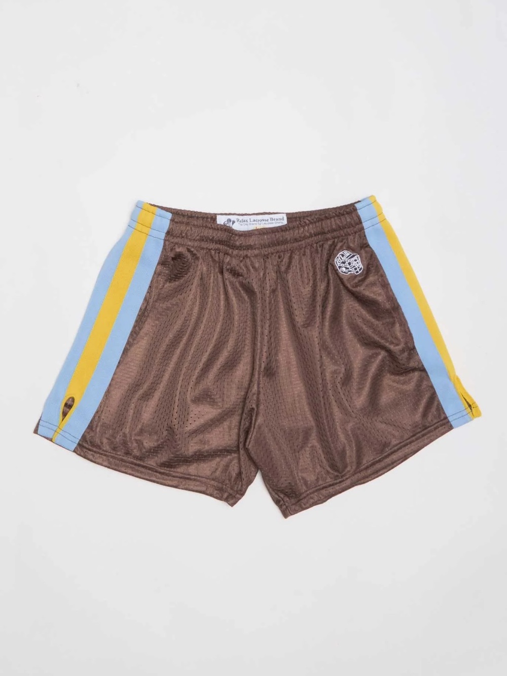 Relax Lacrosse Brand Brown Athletic Shorts with Blue & Yellow Stripe